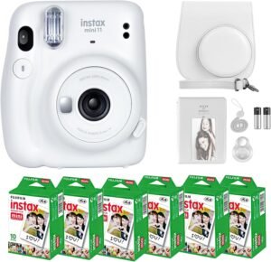 Fujifilm Instax Mini 11 Camera with Fujifilm Instant Mini Film (60 Sheets) Bundle with Deals Number One Accessories Including Carrying Case, Selfie Lens, Photo Album, Stickers (Ice White)