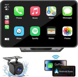 7″ HD Portable Carplay Wireless Touch Screen Double Din Car Stereo Compatible Apple Carplay and Android Auto with GPS Navigation, Voice Control, Mirror Link, Bluetooth