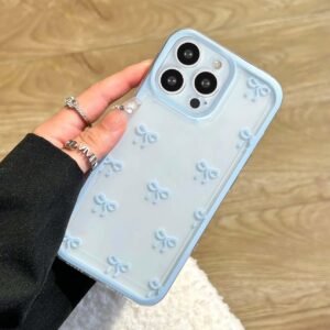 EYZUTAK Case for iPhone 15 Pro Max, Clear Cute Ribbon Bowknot Pattern Aesthetic Transparent Phone Case Raised Camera Protection Stylish Slim Soft Durable TPU Protective Cover for Women Girls – Blue