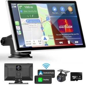 Portable Apple Carplay Screen for Car, 9″ Wireless Apple Carplay & Android Auto,4K Dash Cam,1080p Backup Camera DVR,Car Audio Receivers GPS Navigation Mirror Link, Bluetooth,FM, Siri