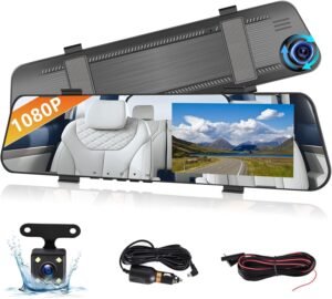 Podofo 4.5″ Rear View Mirror Camera Dash Cam DVR Monitor Rear View Dual Camera Video Recording System 1080P IPS Touch Screen/Loop Recording/150° Wide Angel/Night Vision/G-Sensor/Parking Assistance