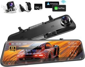 12″ 4K Mirror Dash Cam Backup Camera，Android Auto & Carplay Smart Rear View Mirror for Car, 1080p 24h Recording Front and Rear Dual Dash Cam Wireless, Parking Assistance，Night Vision，64GB Card.