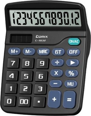 Comix Desktop Calculator 12 Digit with Large LCD Display and Big Button, 12 Digits Baisc Calculator, Solar Battery Dual Powered, for Office Home School C-1832 (Black)