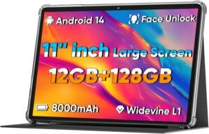 2025 Upgraded Android 14 Tablet, 11inch Tablet PC,Support Face Unlock, Octa-core CPU,12GB+128GB+1TB Expand, 8000mAh Big Battery, 18W Fast Charging, WiFi6, BT5.0,Touchscreen Display Tableta with Case