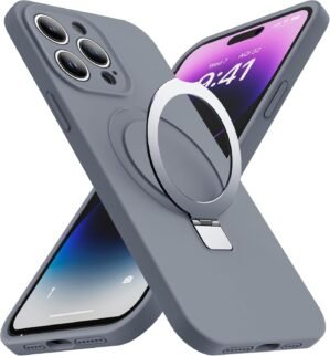 Designed for iPhone 15 Pro Case with Magnetic Invisible Stand Compatible with MagSafe Military Drop Tested Shockproof Liquid Silicone iPhone 15 Pro Phone Cases for Women Men 6.1” 2023, Grey