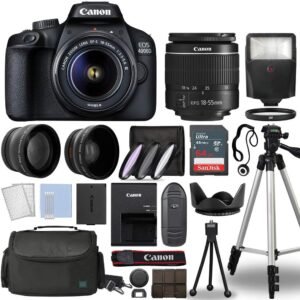 Canon EOS 4000D / Rebel T100 Digital SLR Camera Body w/Canon EF-S 18-55mm f/3.5-5.6 Lens 3 DSLR Kit Bundled with Complete Accessory Bundle + 64GB Flash & More – International Model (Renewed), Black