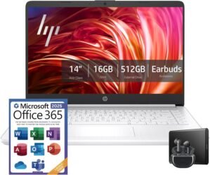 HP 14″ Snow White Laptop | Thin, Lightweight, & Powerful | 16GB RAM | 512GB External Storage | 64GB Onboard | Free AI Enabled Microsoft 365 | Intel Core | Windows 11 Copilot w/Wireless Earbuds
