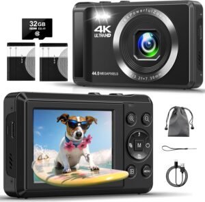 Digital Camera – 4K 64MP UHD Digital Cameras for Photography – Autofocus Point and Shoot Vlogging Camera with 16X Zoom, 32GB SD Card, 2 Batteries – Compact Small Camera for Kids Teens Boys Girls