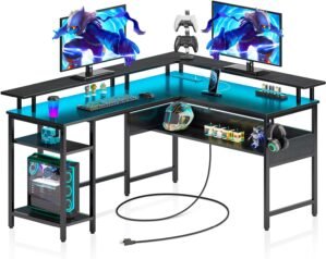 Rolanstar Computer Desk L Shaped 56.7″ with LED Lights and Power Outlets, Reversible L Shaped Gaming Desk with Monitor Stand, Home Office Desk with Storage, Desk with USB Port and Hook, Black