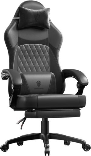 Dowinx Gaming Chair with Pocket Spring Cushion, Ergonomic Computer Chair with Massage Lumbar and Footrest for Adults, High Back Game Chair Leather for Office Gaming 300LBS, Black New