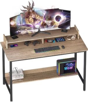 WOODYNLUX Computer Desk with Shelves, 32 Inch Gaming Writing Desk, Study PC Table Workstation with Storage for Home Office, Living Room, Bedroom, Metal Frame, Grey