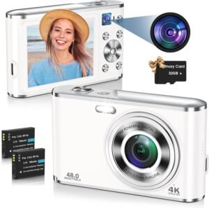 Digital Camera, UHD 4K Digital Camera with Front and Rear Camera, Autofocus 48MP 16X Digital Zoom Vlogging Camera with 32GB Card, 2.8 Inch Screen Compact Photo Shoot Camera for Beginners(White)