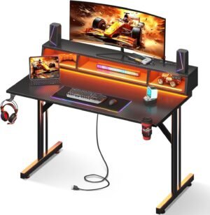 MOTPK 40 inch Gaming Desk with LED Lights & Power Outlets, Small Computer Gaming Table with Float Monitor Stand, Kids Boys Desk with Carbon Fiber Texture