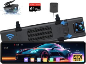 2025 Upgraded 12″ 4K Rear View Mirror Camera with WiFi,2160P Mirror Dash Cam Front and Rear Backup Camera for Cars & Trucks,WDR & HDR, Loop Recording, G-Sensor, Parking Monitor, 64GB Card & GPS