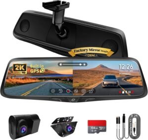PORMIDO OEM 2K Rear View Mirror Camera,10″ Mirror Dash Cam with Detached Front Backup Camera, Smart Full Touchscreen Rearview WDR Dashcam with Built-in GPS,64GB Card,Parking Monitor,Night Vision