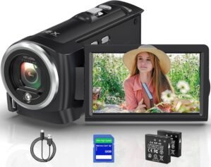 2.7K Video Camera Camcorder QHD 50MP YouTube Vlogging Camera 16X Digital Zoom Webcam 270 Degree Rotation Screen Camcorders with 32G SD Card and 2 Batteries Recording While Charging