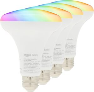 Amazon Basics Smart BR30 LED Light Bulb, Color Changing, 60W Equivalent, 800LM, Works with Alexa Only, 2.4 GHz Wi-Fi, No Hub Required, 4 Pack
