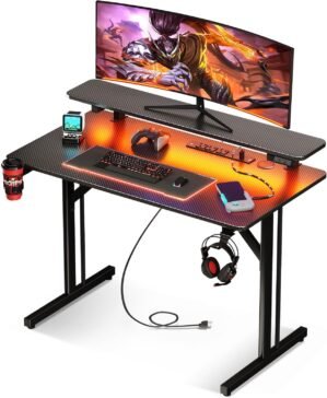 MOTPK 31 Inch Small Gaming Desk with LED Lights & Power Outlets, Computer Desk Gaming Table with Monitor Shelf, Gamer Desk with Carbon Fiber Texture, Kids Boys Desk Gift for Men