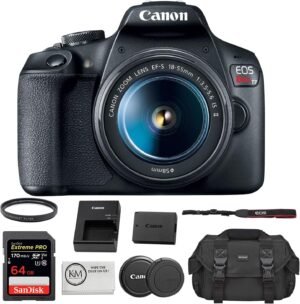 Canon EOS Rebel T7 DSLR Camera with 18-55mm Lens Bundled with 64GB Memory Card + Camera Bag + 58mm UV Filter + Microfiber Cleaning Cloth (5 Items)