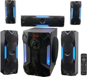 Rockville HTS56 1000W 5.1 Channel Home Theater System with 8″ Subwoofer, Bluetooth, USB, Includes Remote, LED Light Effects – Perfect for Movies, Music, Karaoke