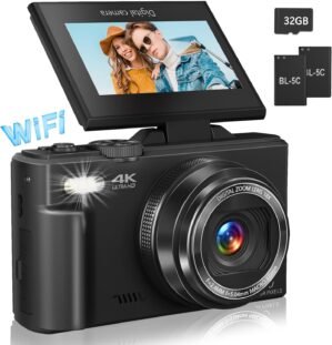 Digital Camera for Photography, 4K Vlogging Camera for YouTube 3″ 180° Flip Screen 18X Digital Zoom Compact Retro Camera with 32GB TF Card & 2 Batteries, Black