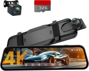 4K Rear View Mirror Camera, 10” Mirror Dash Cam with 1080P Rear Camera, Dash Cam Front and Rear for Car with Voice Control, 24H Parking Mode, Night Vision, 32GB SD Card Included