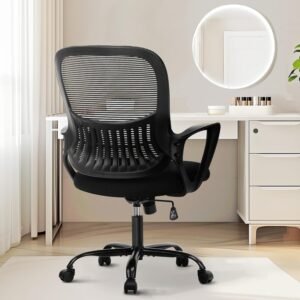 Sweetcrispy Office Computer Desk Managerial Executive Chair, Ergonomic Mid-Back Mesh Swivel Rolling Work with Wheels, Comfortable Lumbar Support, Comfy Arms for Home,Bedroom,Study,Student,Black