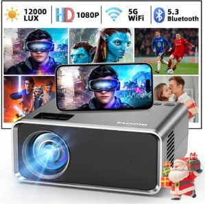 FUDONI Projector with WiFi and Bluetooth, Upgraded 5G Portable Projectors 4K Supported Native 1080P 12000L, Outdoor LED Movie Projector for Home Theater, Compatible w/iOS Android Phone/TV Stick/Laptop