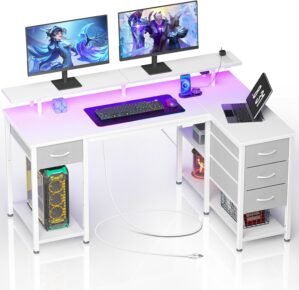 Seventable Gaming Desk with Drawers, 47.2 Inch L Shaped Desk with Storage Shelves, Small Office Desk with LED Lights & Power Outlets, White Corner Computer Desk with Monitor Stand for Bedroom