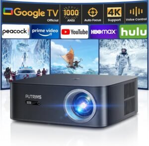 [1000 ANSI/Google TV]Smart Projector with WiFi 6 and Bluetooth, Netflix-Licensed 4K Support, Outdoor Movie Proyector, 1080P Home Ceiling Auto Focus Projector, Gift for Valentine’s Day PUTRIMS K12 Gray