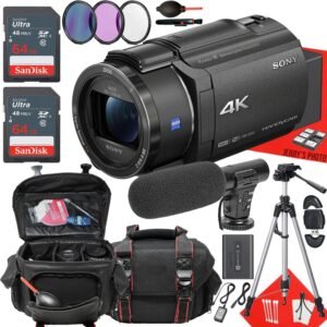 Sony FDR-AX43 UHD 4K Handycam Camcorder + 2PC 64 GB Memory + Shotgun Video Microphone + Filters + Tripod + More (19pc Bundle)