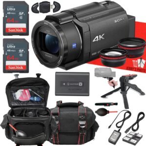 Sony FDR-AX43 UHD 4K Handycam Camcorder + AUX Wide Angle and Telephoto Lens + 2PC 64 GB Memory + Hand Grip Tripod + More (17pc Bundle)