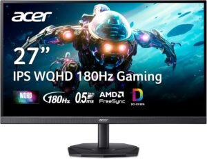 Acer Nitro 27″ WQHD 2560 x 1440 IPS Gaming Monitor | AMD FreeSync | Up to 180Hz Refresh | Up to 0.5ms | DCI-P3 95% | HDR 10 Support | 1 x Display Port 1.2 & 2 x HDMI 2.0 | KG271U N3bmiipx