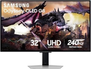 SAMSUNG 32-Inch Odyssey QD-OLED G8 (G80SD) Series 4K UHD Smart Gaming Monitor, 240Hz 0.03ms, G-Sync Compatible, Glare-Free Display, Gaming Hub, Sleek Metal Design, LS32DG800SNXZA, 2024