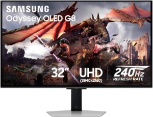 SAMSUNG 32” Odyssey OLED G8 (G80SD) Series 4K UHD Smart Gaming Monitor, 240Hz 0.03ms, G-Sync Compatible, Glare-Free Display, Gaming Hub, Sleek Design, 3 Year Warranty, LS32DG802SNXZA, 2024