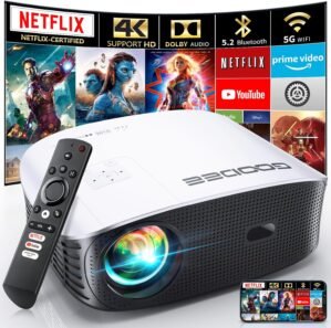 GooDee Smart 4K Projector with 5G WIFI and Bluetooth, Netflix/Amazn Prime Video Certified, Dolby Audio, 800ANSI Outdoor Projector, 400″ Zoom Home Theater Projector Compatible with TV Stick,iOS,Android