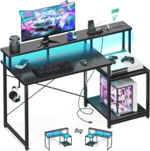 AODK Computer Desk, 48 Inch Gaming Desk with Led Lights & Power Outlet, Office Desk with Printer Storage Shelves, Reversible Desk with Monitor Shelf & Headphone Hook, Carbon Fiber Black