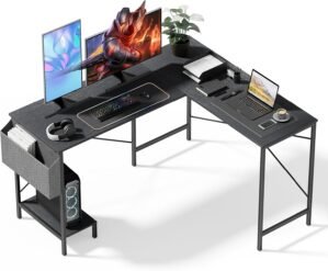 infiniPower L Shaped Desk Gaming Computer 50 Inch Reversible Corner Table PC Work Table for Writing Study Student with Wood Tabletop Metal Frame CPU Stand Side Bag for Home Office Small Place