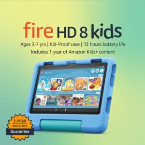 Amazon Fire HD 8 Kids tablet, ages 3-7. Top-selling 8″ kids tablet on Amazon – 2022. Ad-free content with parental controls included, 13-hr battery, 64 GB, Blue