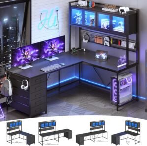 SEDETA L Shaped Gaming Desk with Drawers, L Shaped Computer Desk with Hutch and Storage Shelves, Gaming Desk with Pegboard, Led Lights, and Power Outlet, Home Office Desk, Corner Desk, Black