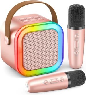 Karaoke Machine for Kids Adults, Portable Bluetooth Mini Karaoke Microphone Singing Speaker with 2 Wireless Mic and Light,Toys for All Smartphones,Birthday, Family,Home Party (Rose Gold)
