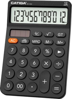 CATIGA 12 Digit Desktop Calculator with Large LCD Display, 4 Funtions Calculator, Round Design Big Button, Solar and Battery Dual Power, Standard Function for Office, Home, School, SD-1292
