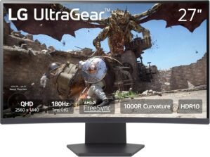 LG 27GS60QC-B Ultragear Curved Gaming Monitor 27-Inch QHD (2560×1440) 180Hz 1ms 1000R AMD FreeSync HDR10 HDMIx2 DisplayPort Borderless Design Black Stabilizer DAS Crosshair FPS Counter – Black