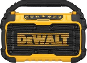 DEWALT 20V MAX Bluetooth Speaker, 100 ft Range, Durable for Jobsites, Phone Holder Included, Lasts 8-10 Hours with Single Charge (DCR010)