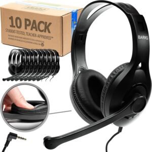 Barks Classroom Headphones With Microphone (10 Pack) – On-Ear Bulk Headphones With Microphone: Best for Students K-12 Schools (Rotating Boom Mic, Good Recording Quality, Durable Design, Easy-to-Clean)