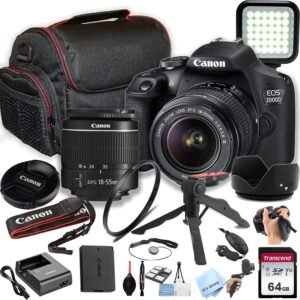 Canon EOS 2000D / Rebel T7 DSLR Camera w/EF-S 18-55mm F/3.5-5.6 Zoom Lens + 64GB Memory, LED Video Light, Case, Gripster Tripod, and More (Essential Bundle) (Renewed)