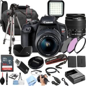 Canon EOS Rebel T7 DSLR Camera Kit with EF18-55mm Lens + 64Gb Memory, LED Video Light, Case, Tripod, Filters, Grip & More(30pc Bundle) (Renewed)