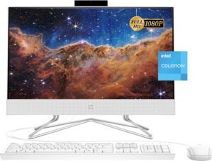 HP 2022 All-in-One Desktop, 21.5″ FHD Display, Intel Celeron J4025 Processor, 8GB RAM, 256GB PCIe SSD, Webcam, WiFi, HDMI, RJ-45, Wired Keyboard&Mouse, Windows 11 Home, White