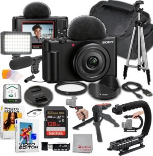 Sony ZV-1F Content Creator’s Ultimate Kit: 128GB Extreme Memory, Mic, Video Light, Editing Software U-Grip, and Tripod Bundle (21pc)